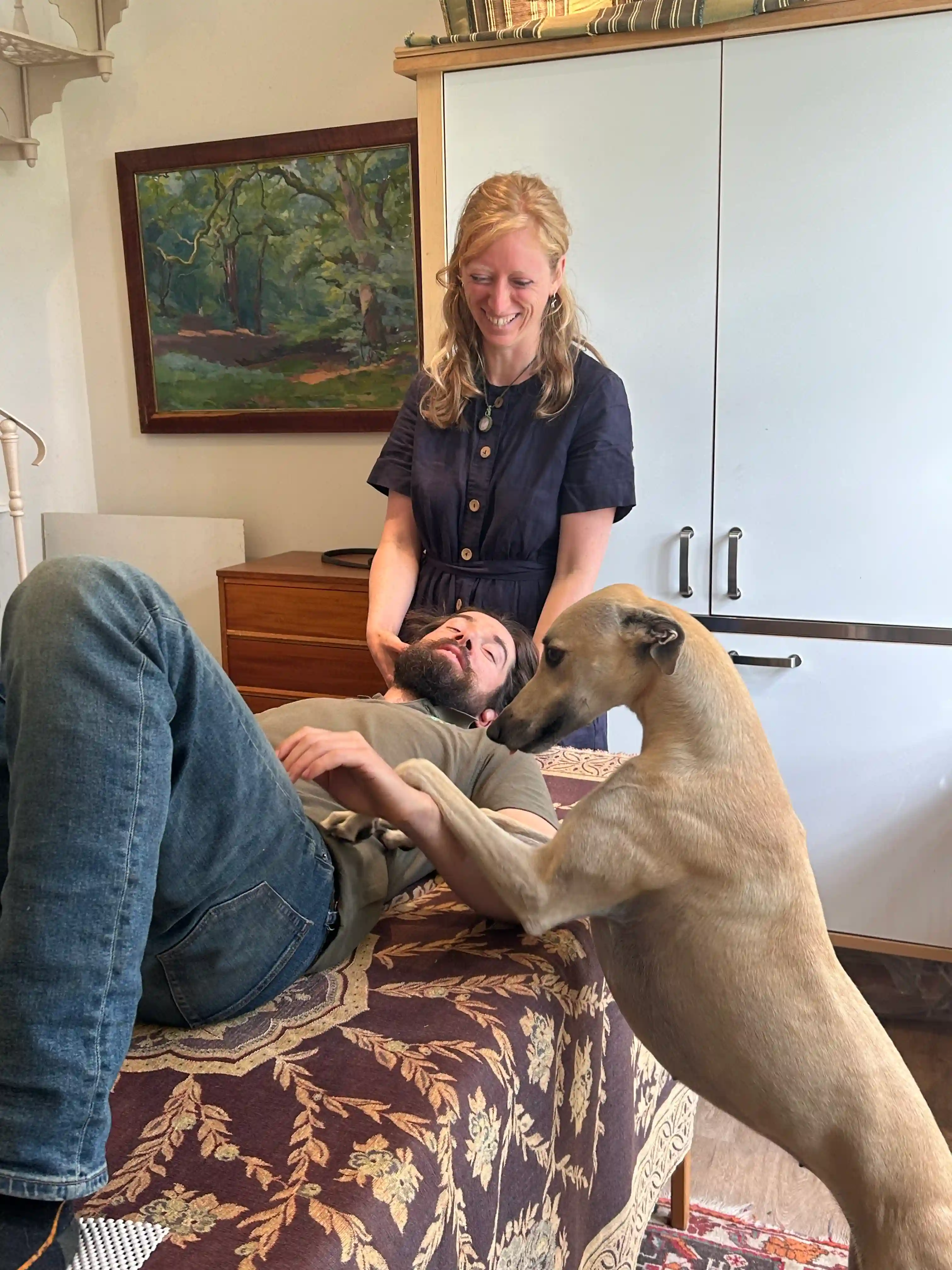 Clemmie Hopkinson with her dog, demonstrating the Alexander Technique's connection to natural movement and ease